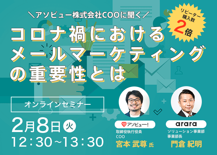 リピーターの購入数が1年で2倍以上に！ 2/8（火）開催「コロナ禍におけるメールマーケティングの重要性とは」 -遊びの予約サイトを運営するアソビューCOO宮本氏が登壇-